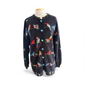 Christine Foley 90s Colorful Bird,  Blue Egg Buttons, Cardigan Rare! Sz 3 or XL